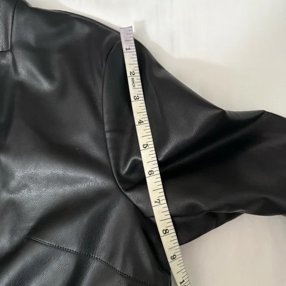 Black faux leather lapel collar belted open front trench coat - Picture 13 of 15